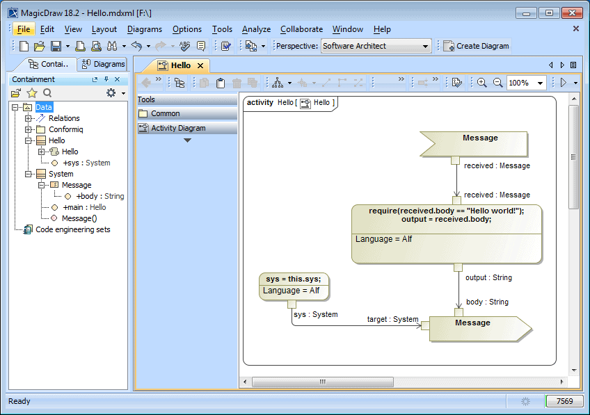 UML2 activity diagram annotated with Alf code